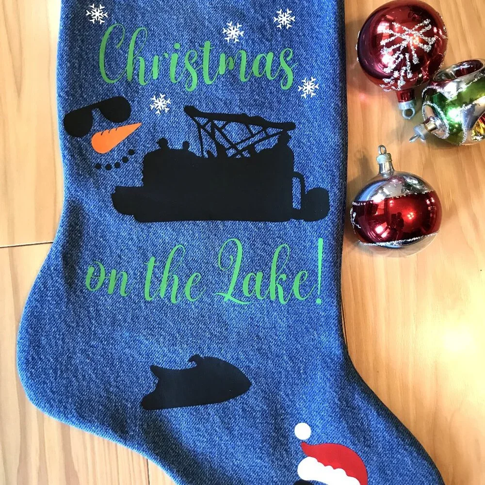 Denim Christmas Stocking, Lake House Fishing Decor Pontoon Boat Jet Ski Graphic